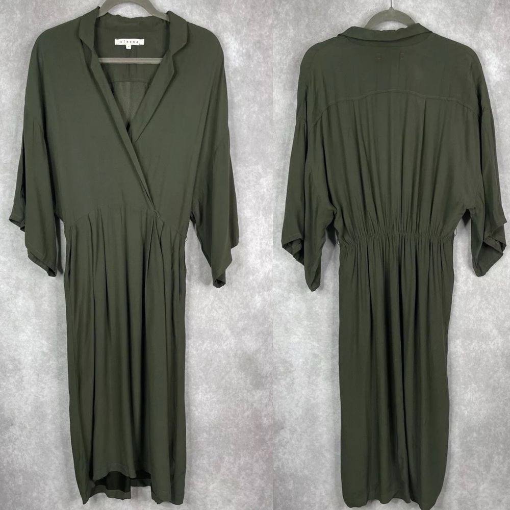 Xirena Quinn Wide Sleeve Collared V-Neck Midi Dress In Green Women's Size S